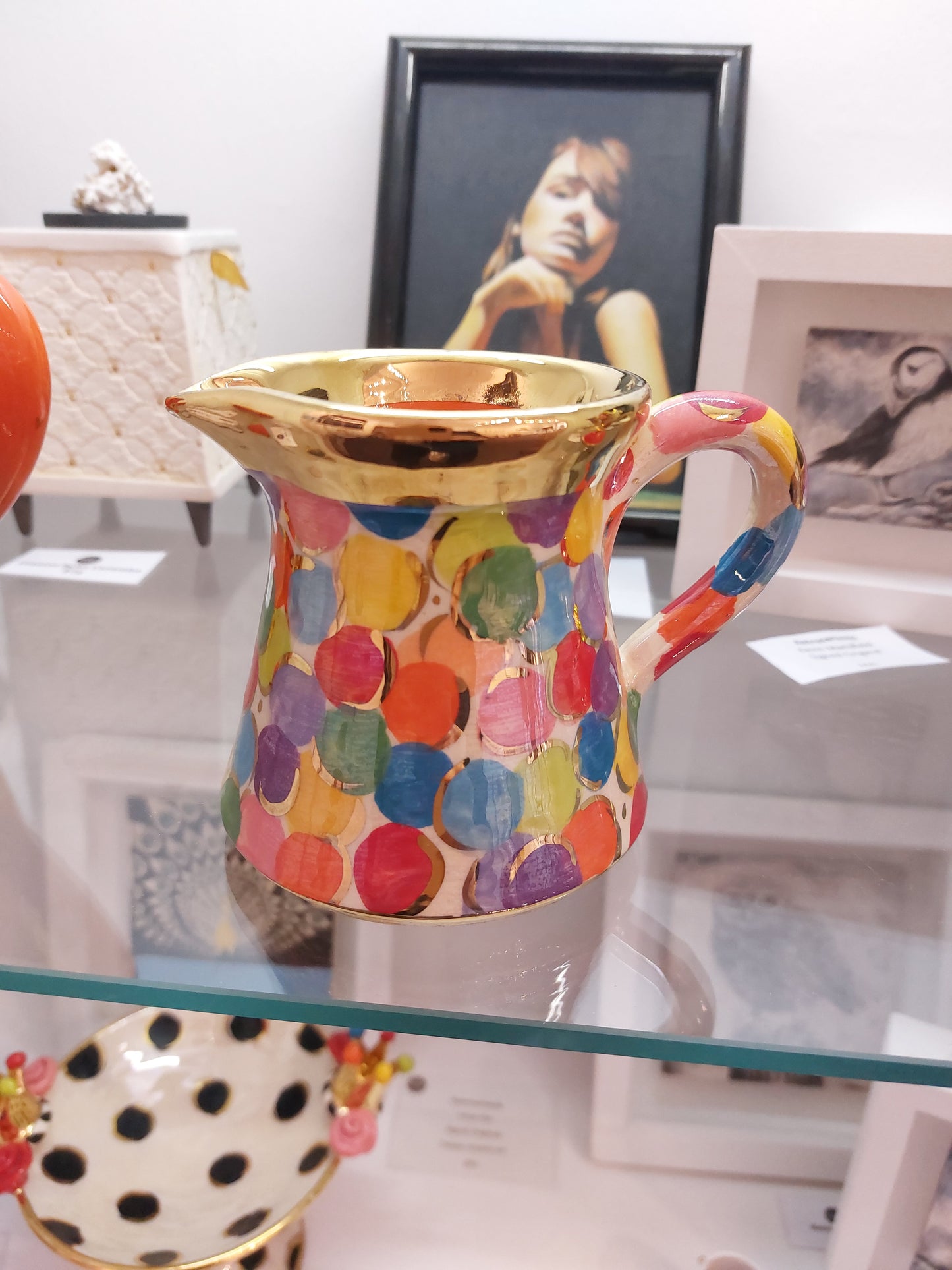 Multi-Coloured Spotted Jug with Gold Rim Mary-Rose-Young