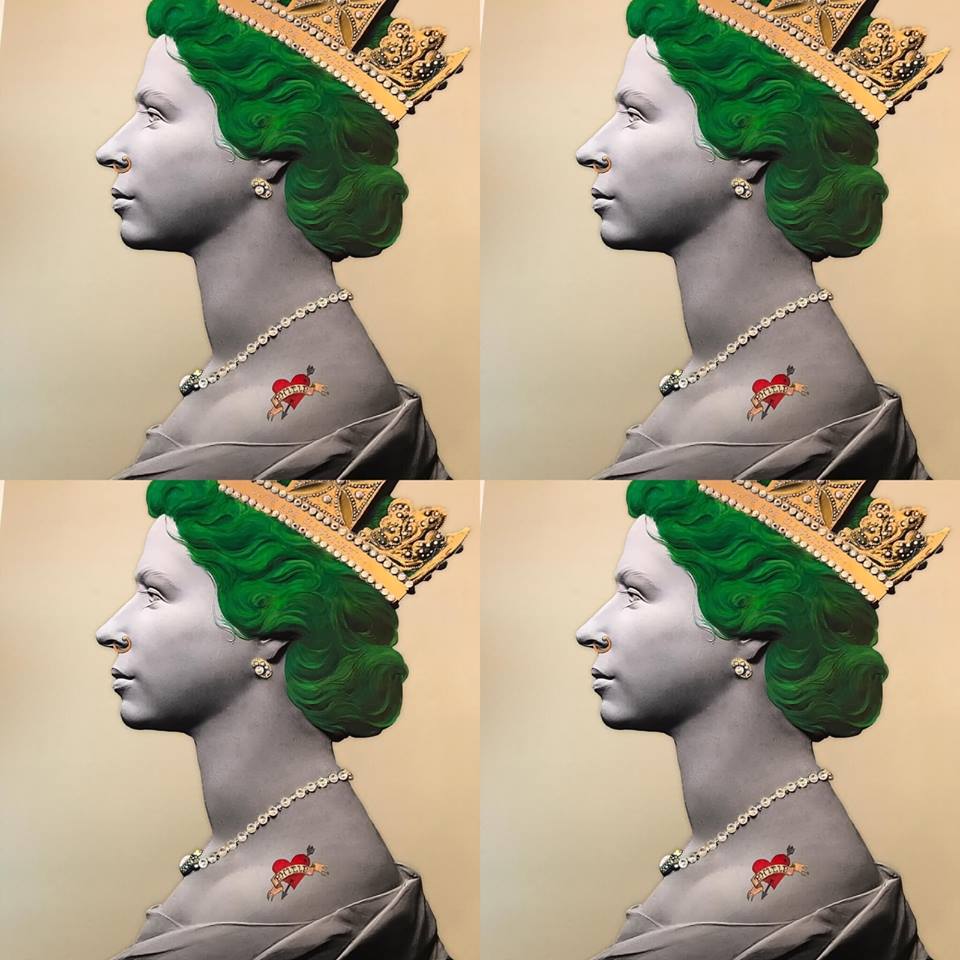 Green Punk Queen Signed limited edition hand finished print Giclée with 24 ct gold leaf and crystal embellishments. Sight: 80 x 59cm Frame: 103 x 82cm