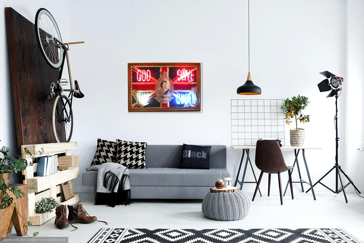 God Save the Queen Illuminati Neon Hand Blown Neon Vintage Coronation Flag Framed in Gold 64 x 96cm