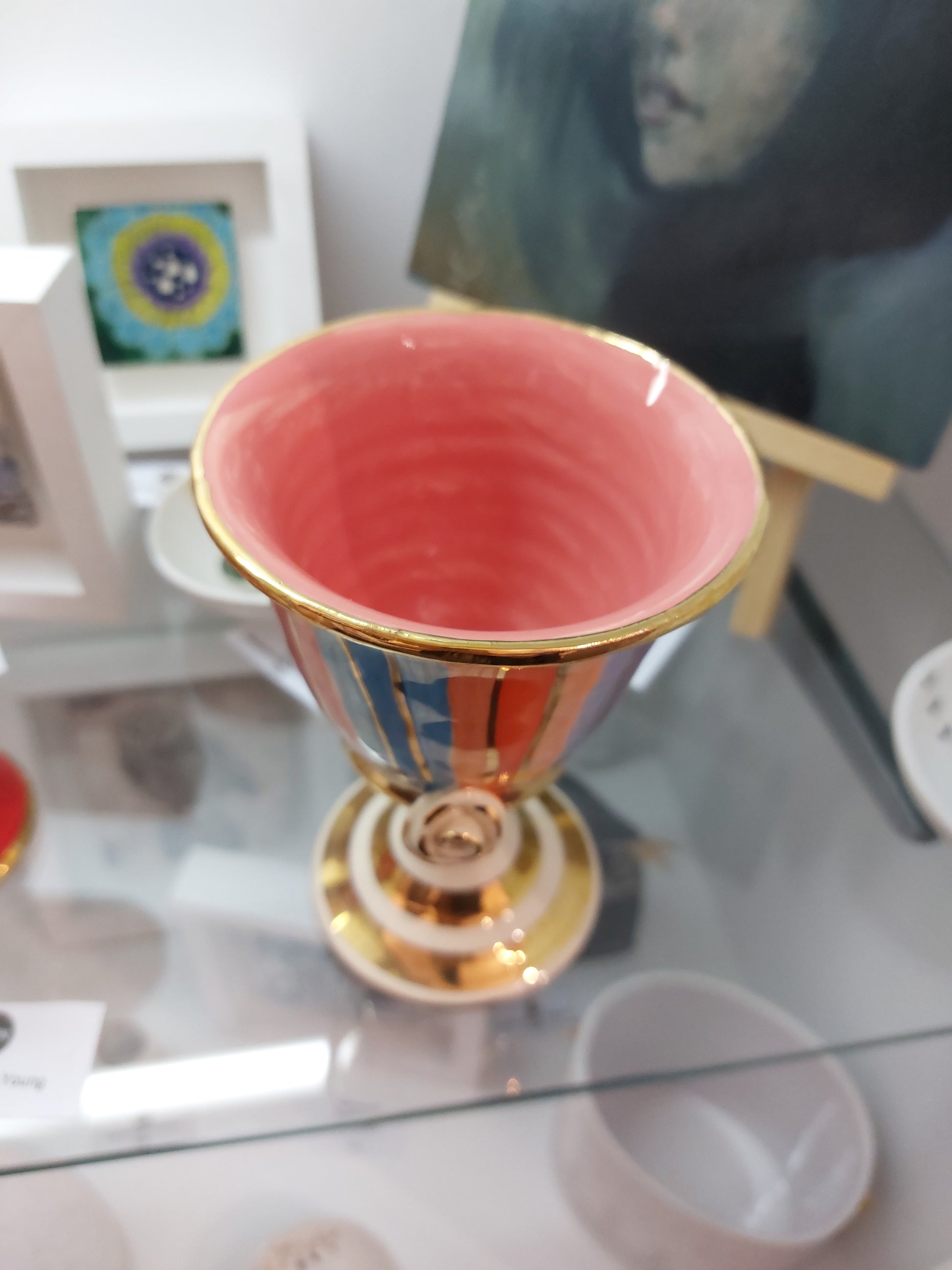 Multi-Striped Goblet with Rose Detail and Gold Trim-Mary-Rose-Young