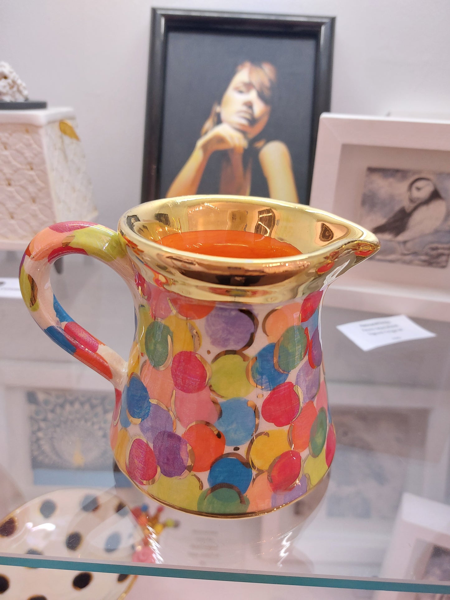 Multi-Coloured Spotted Jug with Gold Rim Mary-Rose-Young