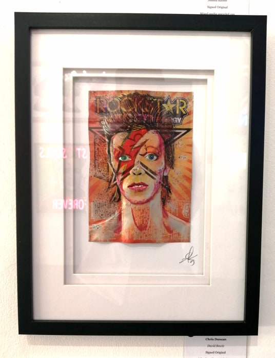Chris Duncan Signed Original Mixed Media upcycled Rockstar can Framed in white 