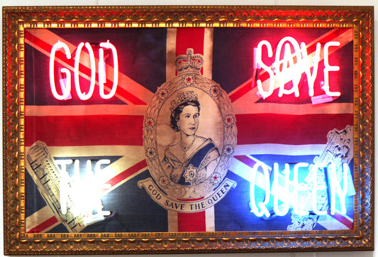 God Save the Queen Illuminati Neon Hand Blown Neon Vintage Coronation Flag Framed in Gold 64 x 96cm 